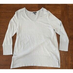 Eileen Fisher Textured Cotton Blend V-Neck Sweater Light Blue Women’s Size L New